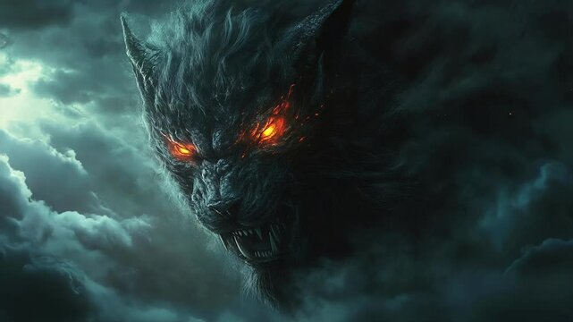 Fiery-Eyed Beast in Misty Clouds Seamless Looping Background