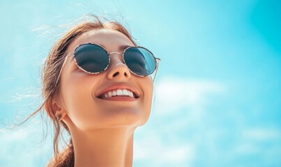 Fototapeta premium A woman with sunglasses on her face is smiling