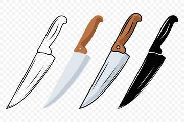 Vector Kitchen Knife Icon Set. Chef Knife with Sharp Blade, Kitchen Knife Design Templates. Outline, Colored, Silhouette Knife. Vector Illustration