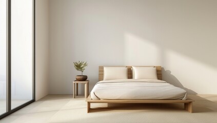 A minimalist bedroom with a wooden bed, white walls and beige floor