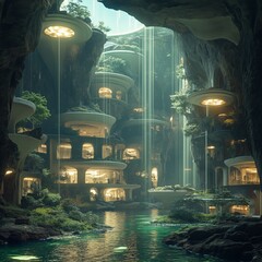 Futuristic underground cavern with natural light and greenery