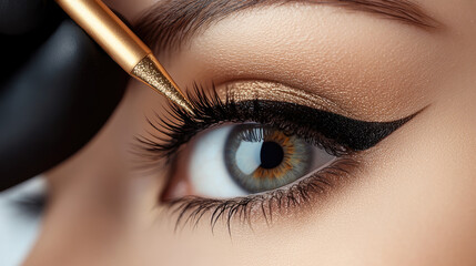 Naklejka premium A woman is getting her eyelashes done with a black eyeliner. The eyeliner is being applied with a brush