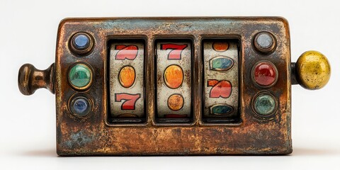  old-fashioned one-armed bandit slot machine with a worn brass finish, evoking a nostalgic and classic feel, perfect for vintage gaming enthusiasts