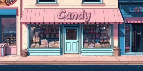  Cute pastel-colored candy shop with large windows displaying treats. Playful atmosphere invites customers to indulge in sweet delights.