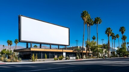 Obraz premium 4. A wide-angle view of a vacant billboard attached to a contemporary building, serving as a clean mock-up for outdoor advertising, with a clear sky as the backdrop