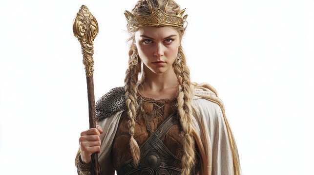 In a stunning depiction Frigg the Scandinavian goddess holds her ornate staff exuding strength and wisdom set against a minimalist white backdrop.
