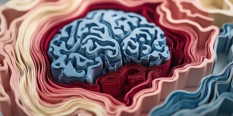 Fototapeta premium close-up of paper cutouts arranged in the symbolic shapes of a heart and brain, using contrasting colors to highlight the emotional and intellectual aspects