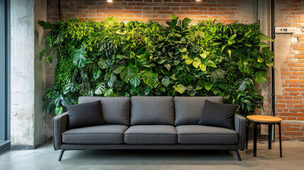 A large black couch sits in front of a wall covered in green plants. The couch is the focal point of the room, and the plants add a touch of nature and life to the space. Scene is calm and inviting