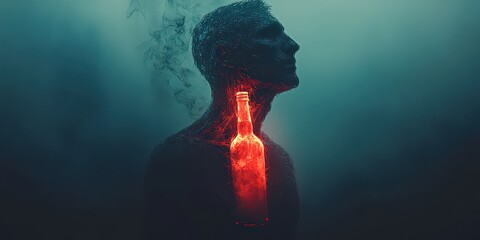  Human silhouette with glowing red bottle in chest, representing emotional pain or connection between addiction and heartache, set against moody backdrop.