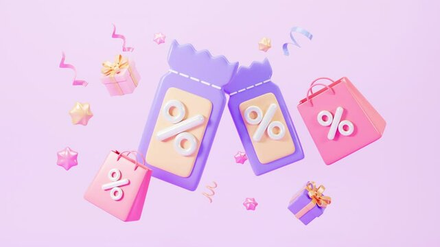 Floating shopping bags and gifts with discount coupon in the purple background, 3d rendering.

