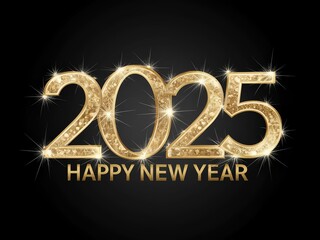 2025 A black and gold Happy New Year text with sparkling stars on a white background