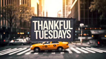 Yellow cab and black sign with white text in a city setting, promoting gratitude and positivity. 
