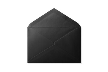 Opened black paper envelope mockup isolated on a transparent background, PNG. High resolution. 