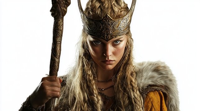 powerful goddess Frigg stands with fierce expression adorned in regal gold attire and crown holding a staff that symbolizes her authority in Scandinavian mythology.