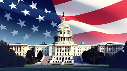 US Capitol Building with American Flag Overlay Representing Patriotism