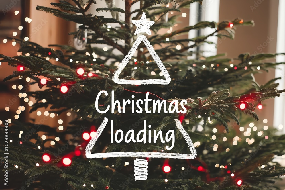 Fototapete christmas tree with christmas loading text written and red bokeh lights