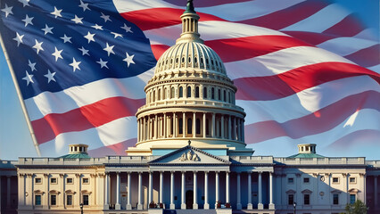 US Capitol Building with American Flag Overlay Representing Patriotism