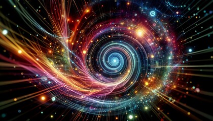 Vibrant streaks and particles converge in a mesmerising spiral of energy.