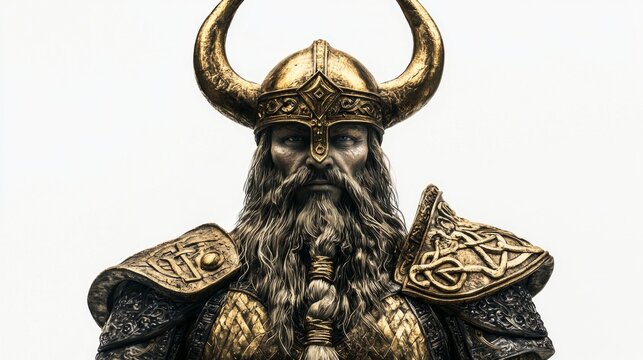 Heimdall the guardian of the Bifrost appears in detailed armor and striking horns embodying the strength of Scandinavian mythology on a clean white backdrop.