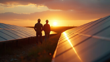 Workers Inspecting Solar Panels at Sunset for Renewable Energy