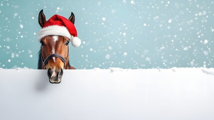 5. A festive scene featuring a horse in a red Santa hat, peeking shyly from behind a blank white poster, set against a picturesque snowy blue backdrop, perfect for Christmas marketing in a veterinary