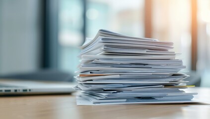 A stack of papers on an office desk, representing the heavy effort and rigor to create medical marketing materials