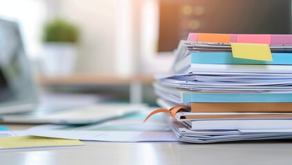 A stack of papers on an office desk, representing the heavy effort and rigor to create medical marketing materials