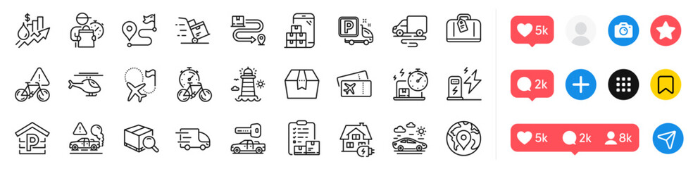 Bike timer, Helicopter and Home charging line icons pack. Social media icons. Delivery cart, Delivery online, Car travel web icon. Package box, Charging station, Lighthouse pictogram. Journey. Vector