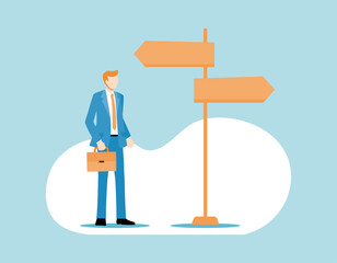 道標の前に立つスーツ姿の男性のフラットなベクターイラスト画像