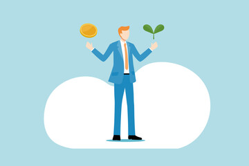 コインと植物の芽を比較しながら、経済と環境問題・エコロジーについて考えるスーツ姿の男性のベクターイラスト画像