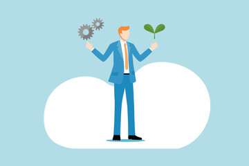 歯車と植物の芽を比較しながら、工業・産業と環境問題・エコロジーについて考えるスーツ姿の男性のベクターイラスト画像
