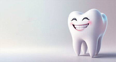 This image features a smiling, cartoon tooth character with rosy cheeks on a soft gradient background, symbolizing dental health and happiness.

