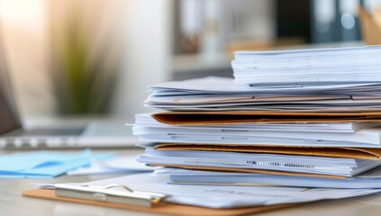 A stack of papers on an office desk, representing the heavy effort and rigor to create medical marketing materials