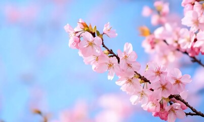 A branch of pink cherry blossoms against a blue sky.