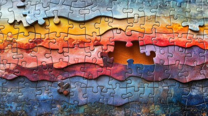 Fototapeta premium An almost-complete puzzle with one piece missing, with the gap clearly visible