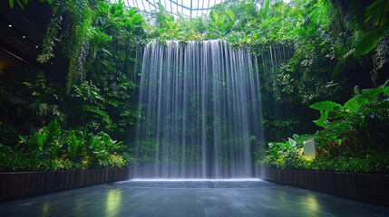A waterfall is in a lush green garden. The water is falling from a large rock and is surrounded by plants. The scene is peaceful and serene