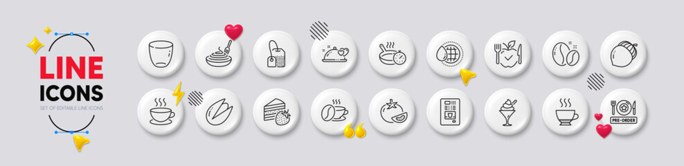 Acorn, World water and Pasta dish line icons. White buttons 3d icons. Pack of Pistachio nut, Coffee cup, Cappuccino icon. Espresso, Pre-order food, Coffee vending pictogram. Vector