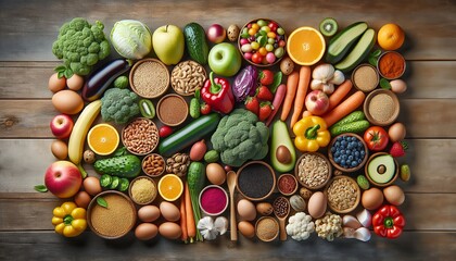 A colourful array of organic fruits, vegetables, nuts and grains, symbolising healthy eating and natural goodness.