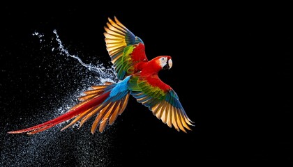 Parrot flying in the air on black background with splash effect. 
