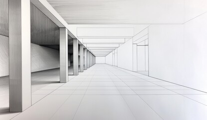 Obraz premium A white pencil sketch of an interior modern building with minimalistic architecture