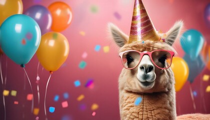 Fototapeta premium Happy Birthday, carnival, New Year's eve, sylvester or other festive celebration, funny animals card banner - Alpaca with party hat and sunglasses on pink background with confetti. 