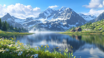 Fototapeta premium Snow-Capped Mountains and Meadows by the Lake
