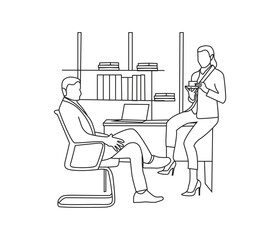 Continuous line drawing of person working in office with laptop