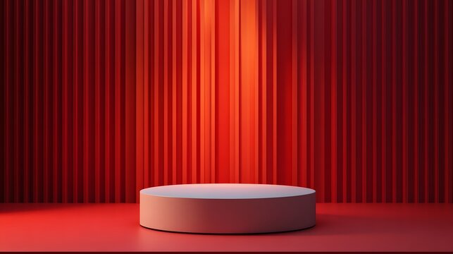 1. A striking image of a modern stand podium on a sleek pedestal, set against a vibrant red room background, creating a bold display space for product showcases