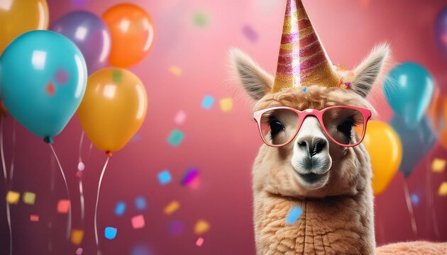 Happy Birthday, carnival, New Year's eve, sylvester or other festive celebration, funny animals card banner - Alpaca with party hat and sunglasses on pink background with confetti.	
