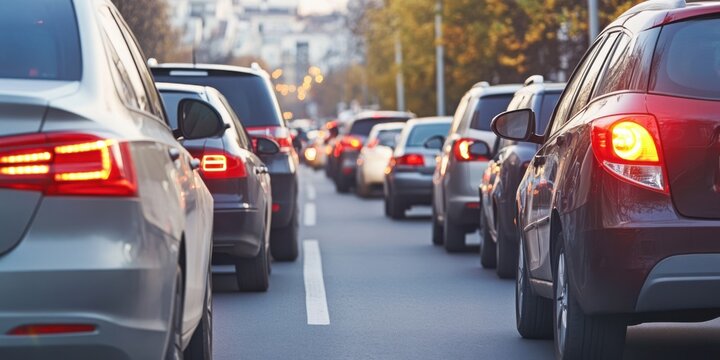 Cars double-parked on a busy city street, causing traffic congestion