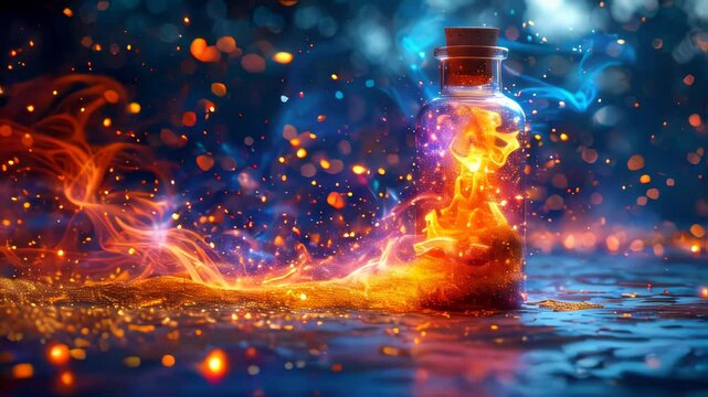 Burning magic potion in crystal bottle. Halloween witchcraft and alchemy concept