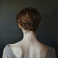 Woman from back, bun hairstyle, studio