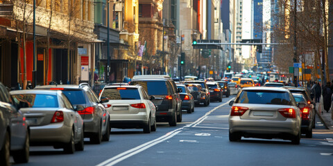 Cars double-parked on a busy city street, causing traffic congestion