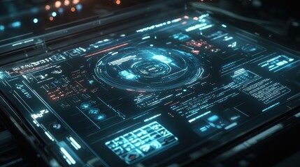 Futuristic Interface with Glowing Blue and Red Lines and Data